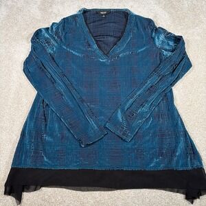 Simply Vera Wang Burnout Velvet Blouse Womens Large Teal Sheer Hem Fairy V Neck